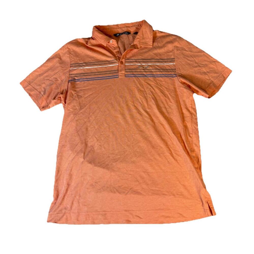 Travis Mathew Shirt Polo Short Sleeve Mens Size L‎ Peach Chest Stripes Front